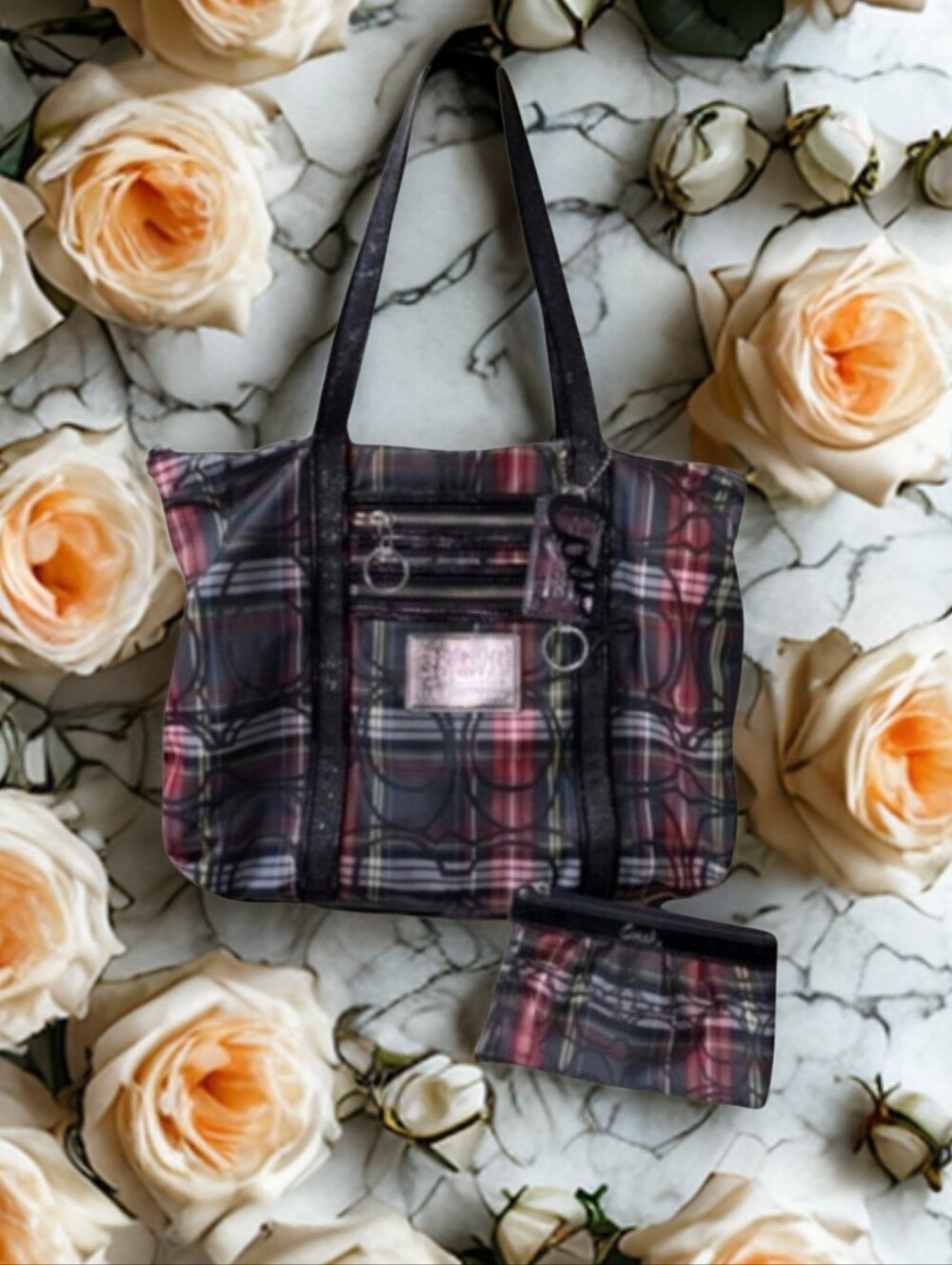 Coach POPPY TARTAN GLAM Tote/Wristlet Set with Red/Black Script And 2 Hangtags